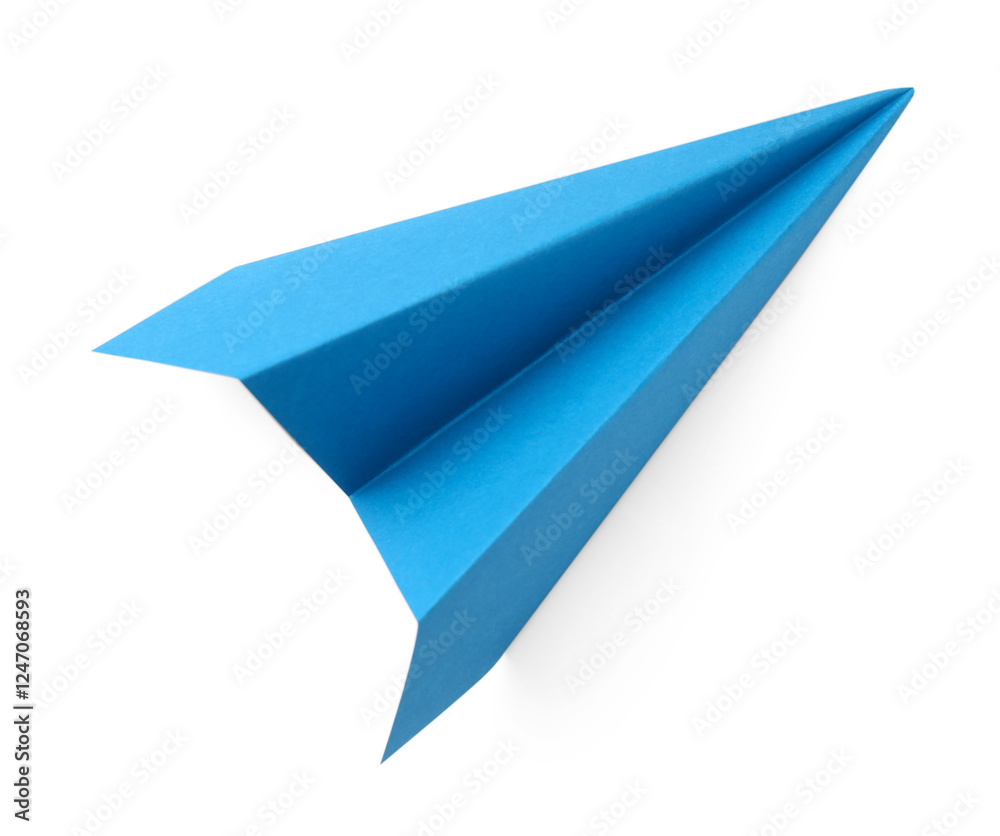 One handmade light blue paper plane isolated on white, top view One handmade light blue paper plane isolated on white, top view