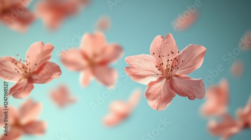 Delicate pink flower blossoms against a serene blue background in springtime ...