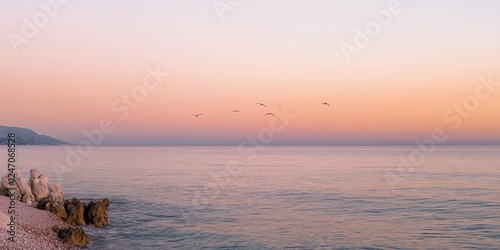 Sunset sunrise scene of the sea with pink sky. Sky sea and bird silhouette with mountain horizon background wallpaper