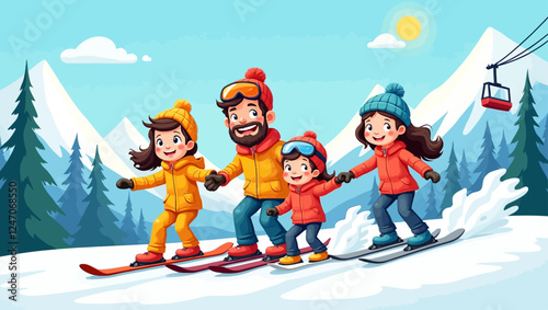 People riding skis and snowboards. Cartoon skiers family snowboarders, winter sport mountain resort downhill freeride on chairlift snow slope, travel activity vector. Illustration of snowboarding spor