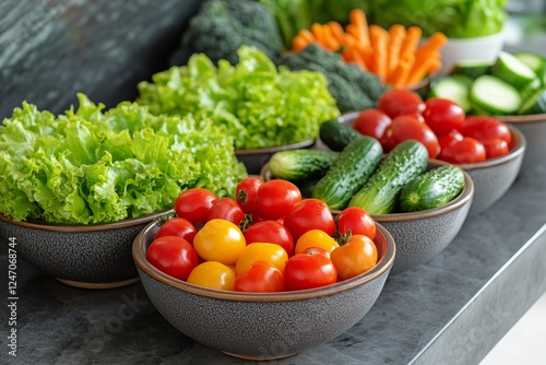 Fresh vegetables and salad ingredients arranged in bowls on kitchen counter a...