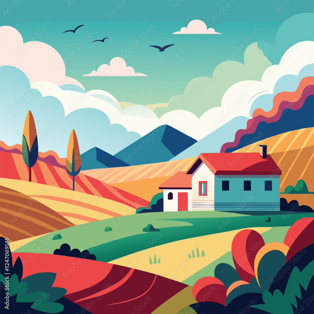 Sunny Hillside Village with a Path Leading to the Mountains Sunny Hillside Village with a Path Leading to the Mountains
