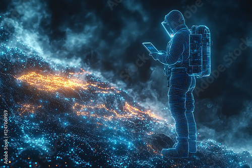 A glowing wireframe illustration of a geologist in a protective suit studying an active volcano with advanced scanning equipment, analyzing lava flows and seismic data. photo