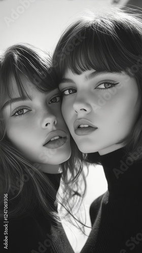 Sisters embracing under soft natural light with gentle expressions