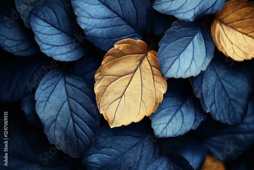 Bold contrast of vibrant blue and golden leaves creating a striking natural p...