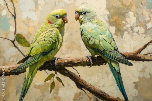 Colorful parrots perched on a branch in a serene natural setting