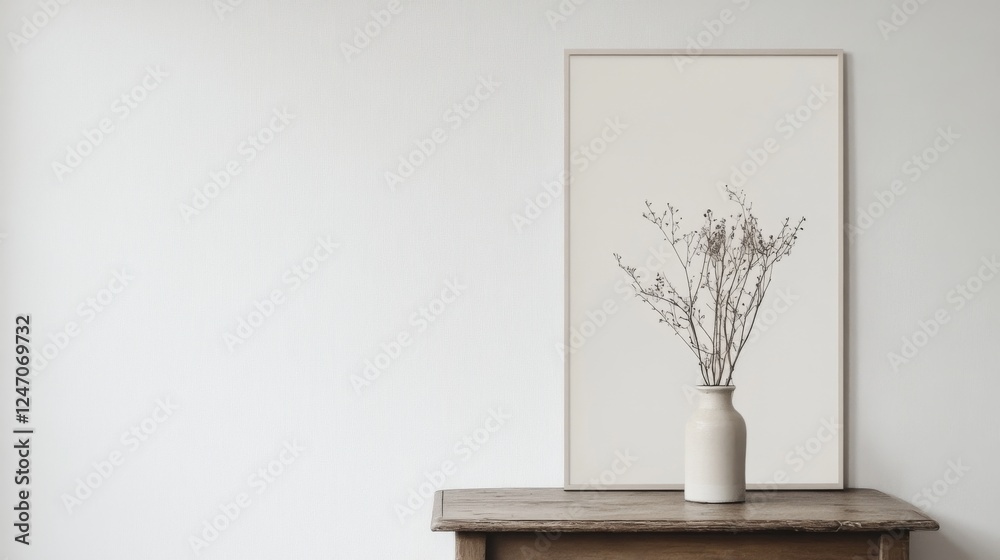 Fototapeta premium Minimalist framed print, dried flowers, wooden table, interior scene, display, home decor
