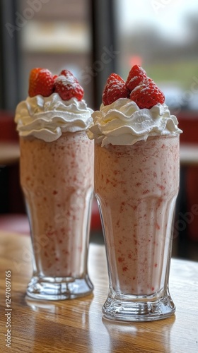 Delicious strawberry milkshakes topped with whipped cream and fresh berries i...