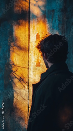 Young woman with tousled hair gazes thoughtfully against a textured wall in n...