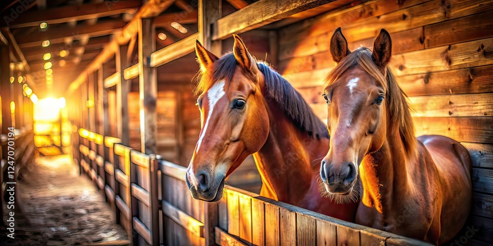 Fototapeta premium Horses in Stable Tilt-Shift Photography, Stunning AI Photo, Equine, Stable, Focus, Depth of Field