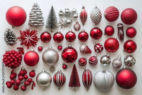 Various red and silver Christmas ornaments displayed on a white background