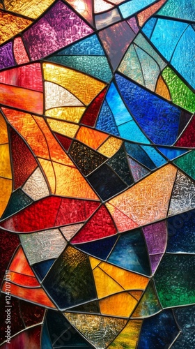Colorful stained glass window displaying diverse geometric patterns and vibra...
