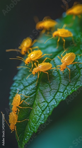 Yellow insects crawling on a green leaf in a close-up view during daylight hours