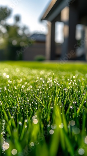 Fresh green grass glistens with morning dew in a tranquil garden setting
