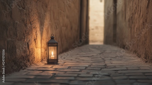 Old stone alleyway lit by candle lantern. Evening ambiance. Potential use Stock photo