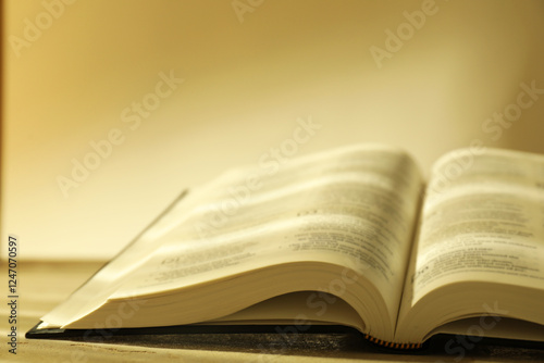 Open Holy Bible in English language on beige table, closeup photo