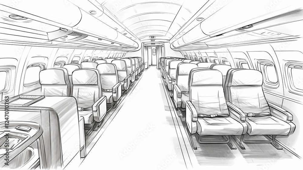 Fototapeta premium Airplane interior, front view, badge, simple black and white sketch highlighted on a white background, without people, picture, image for printing on a T-shirt