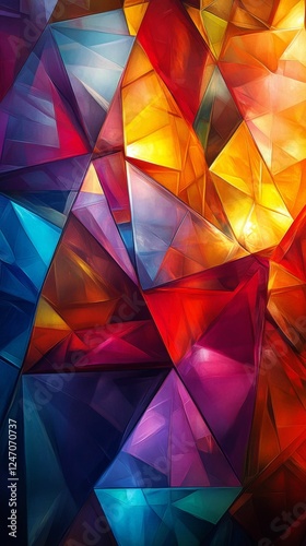 Colorful geometric shapes blend together with sparkling facets in a vibrant d...