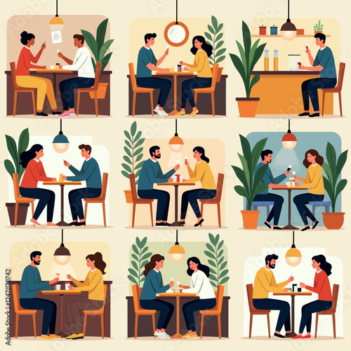 Restaurant and cafe interiors set. People dining at tables, bar counters, cozy coffeehouses. Customers sitting, eating meals in cafeterias, coffeeshops, coffee houses. Flat vector illustrations