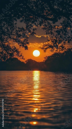 Sunset over a tranquil lake in a forested area reflecting vibrant colors and ...
