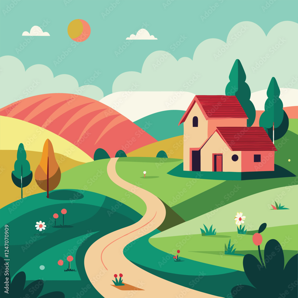 Naklejka premium Scenic Countryside Road with Cozy Houses and Mountains