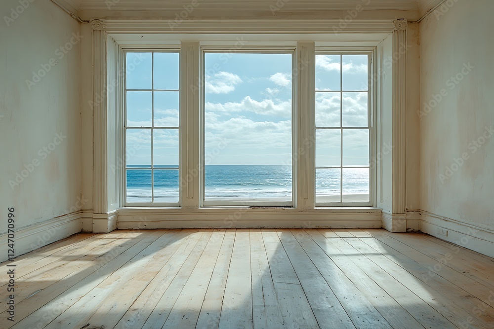 Fototapeta premium An empty beach house apartment with wooden floors and windows that present a sea view, offering a serene and spacious environment with plenty of room for creative use.