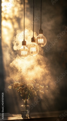 Warm glow of vintage lamps illuminating a cozy interior space at sunset