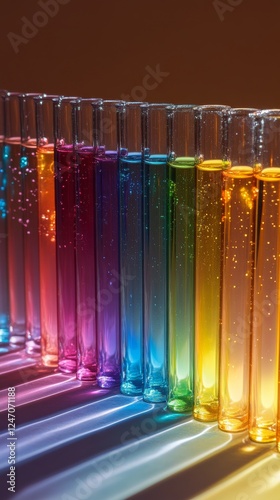 Colorful liquid experiments in glass tubes illuminated by vivid light in a da...