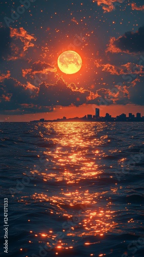 Vibrant sunset reflection on water with city skyline in the distance