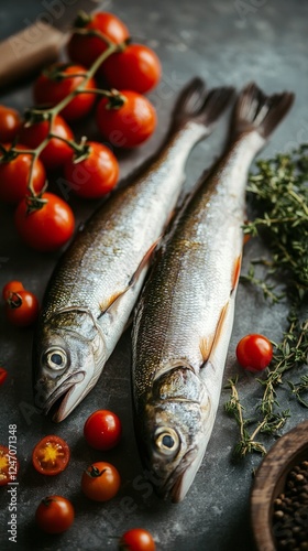 Fresh fish and ripe tomatoes arranged on a dark kitchen surface with herbs an...