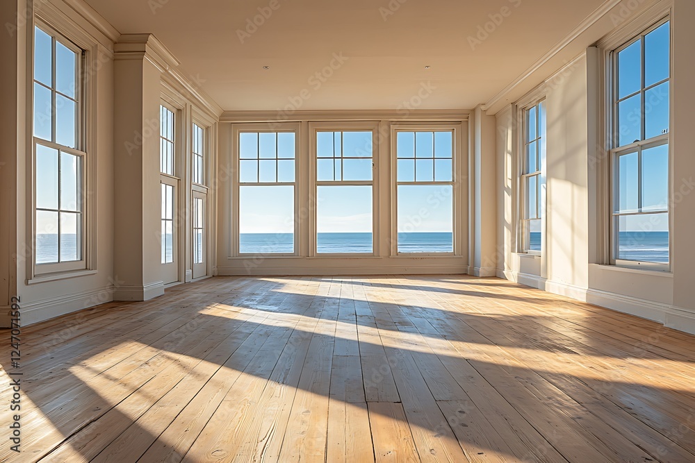 Obraz premium A vacant beach house apartment featuring wooden floors and windows that offer a view of the sea, creating a calm and open atmosphere with plenty of room for creative projects.