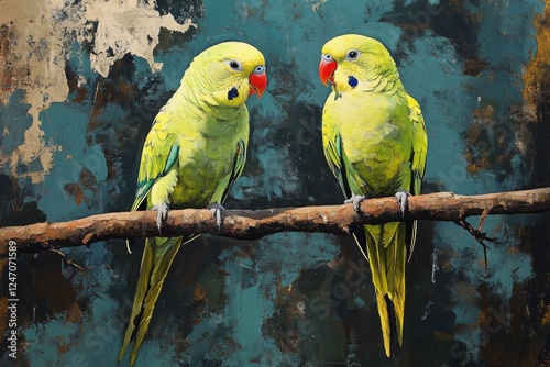 Colorful parrots perched on a branch in a serene natural setting