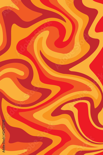 Vibrant abstract fluid art pattern with swirling red orange and yellow color. Dynamic waves vector illustration background