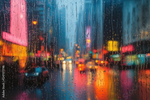 City streets during rain with blurred buildings and traffic in the background