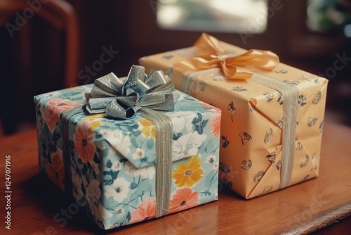Colorful gift boxes on a wooden table, ready for a celebration outdoors in br...
