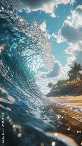 Powerful ocean wave crashing onto a sandy beach under a bright blue sky