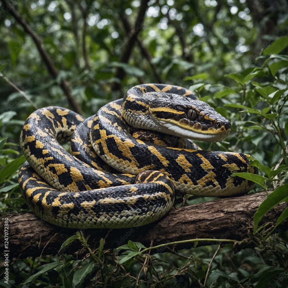 Carpet Python snake An Amazon boa constrictor coiled around a tree, surrounded by a peaceful blue and white ambiance. Crawling snake. Carpet Python snake An Amazon boa constrictor coiled around a tree, surrounded by a peaceful blue and white ambiance. Crawling snake.