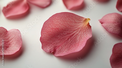 Beautiful pink rose petal softly resting on a light surface with gentle shadows