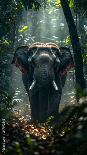 Majestic elephant walking through lush tropical forest at dawn