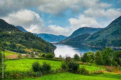 Beautiful Norwegian landscape in Haugsver (Hogsvaer). Vestland Fylke photo