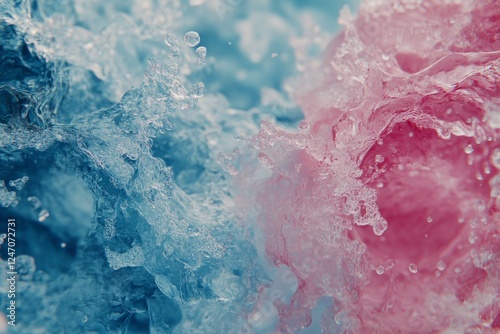Colorful splashes of blue and pink water creating dynamic ripples and waves i...