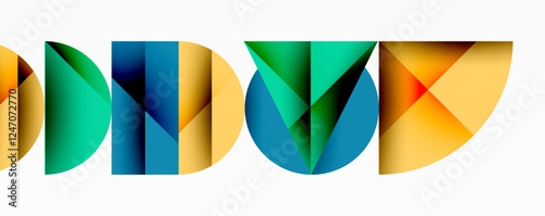 Abstract geometric background with layered gradient shapes forming dynamic patterns. Overlapping semi circles and triangles create depth and contrast