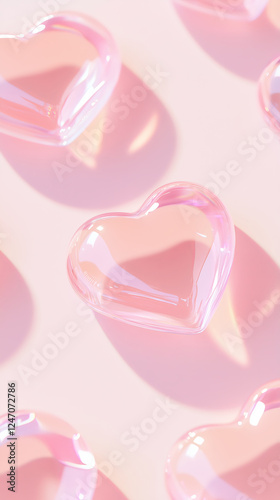 Seamless pattern of glossy pink translucent hearts on soft background