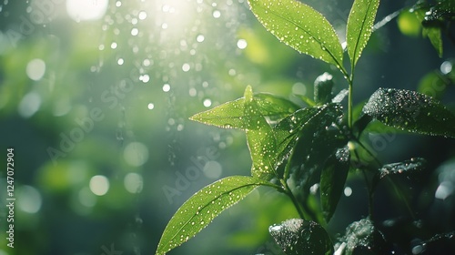 Raindrops glisten on green leaves in a tranquil forest setting during a soft ...