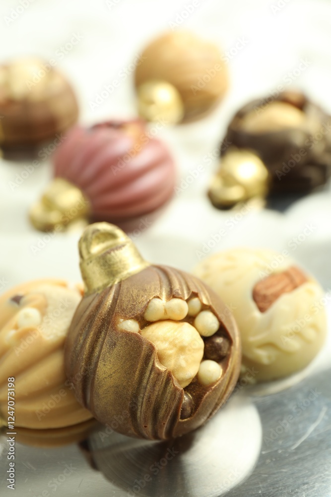 Different sweets in shape of baubles on light table, closeup