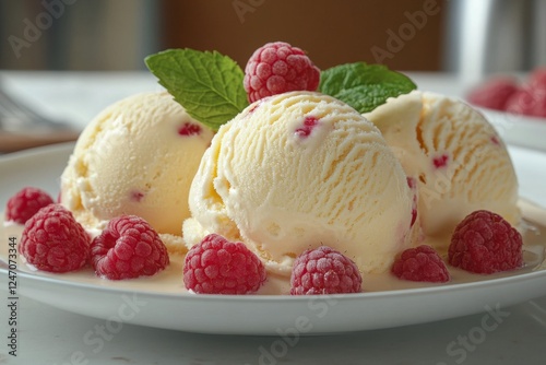 Creamy vanilla ice cream served with fresh raspberries and mint leaves for de...