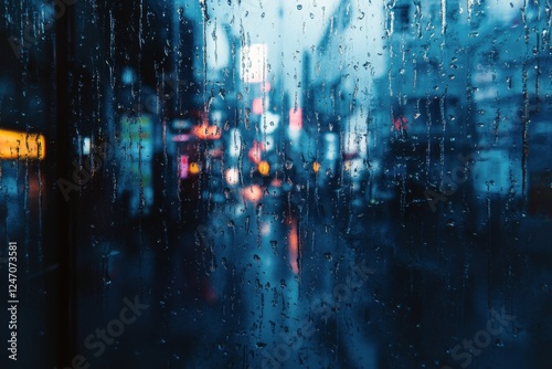 City streets during rain with blurred buildings and traffic in the background