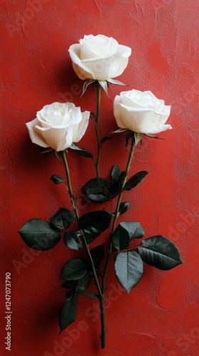 Elegant white roses arranged against a vibrant red background displaying natu...