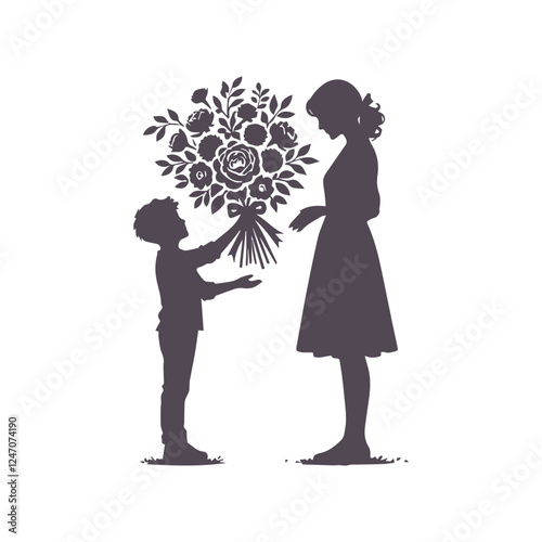 Mother's Day Silhouette: Child Presenting Flowers to Mom