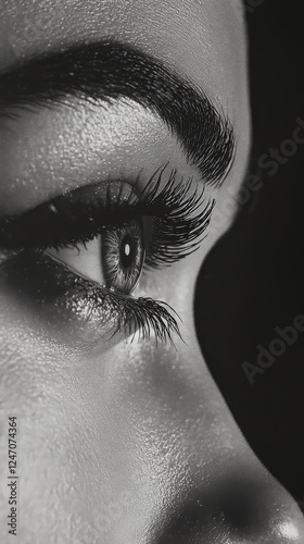 Close-up view of a woman's eye showcasing detailed eyelashes and deep gaze in...